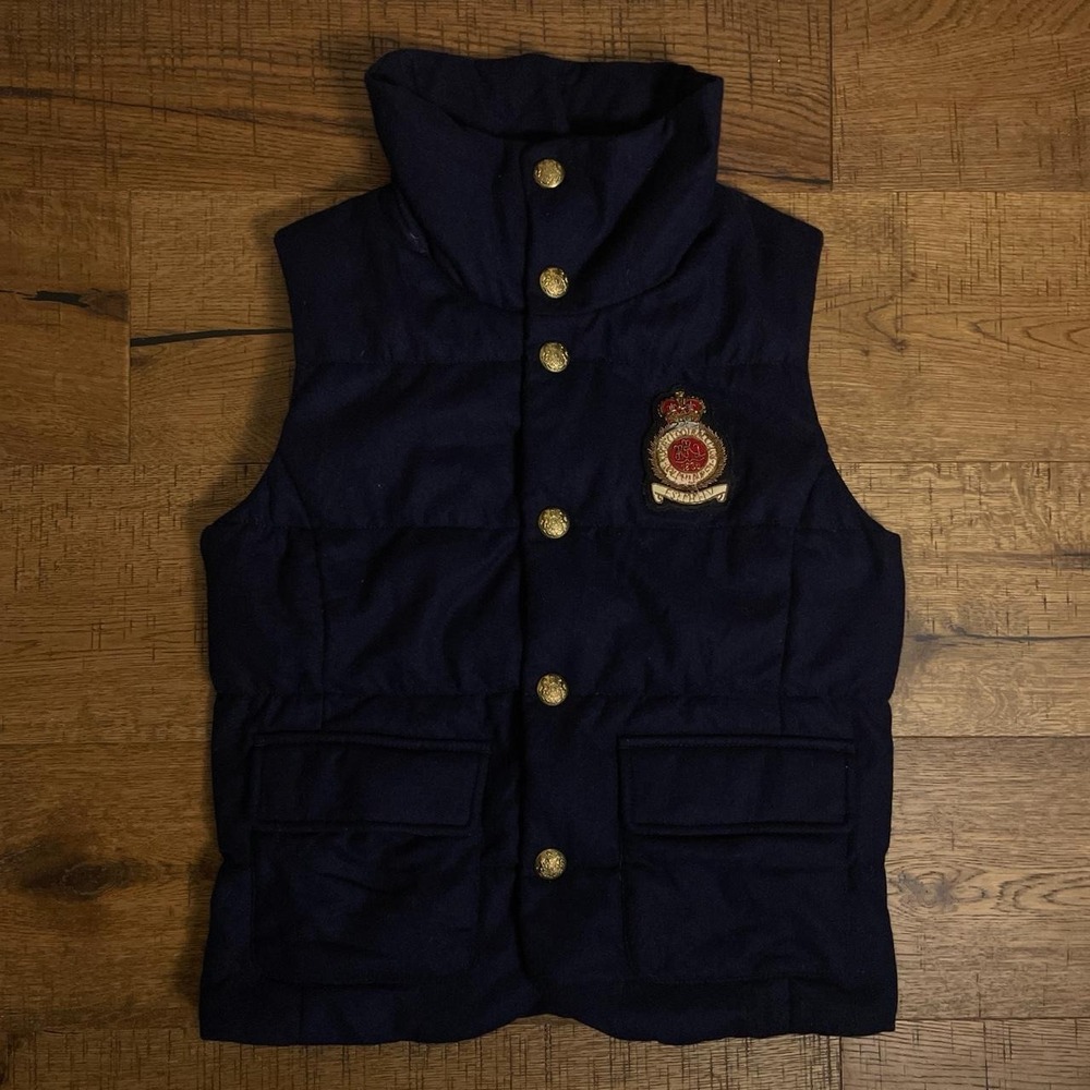 Ralph Lauren Rugby Vest Womens XS Navy Preppy Academia Wool Crest Gilet